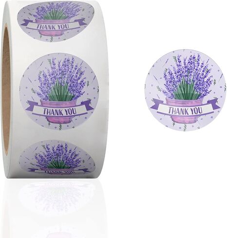 لفة ملصقات Lavender Thanks You مقاس 1.5 بوصة - ملصقات التعبئة - ملصقات شكرًا على الهدايا - ملصقات شكرًا للأعمال الصغيرة - ملصقات شكرًا لك على شكل زهرة | 500 قطعة in Kuwait