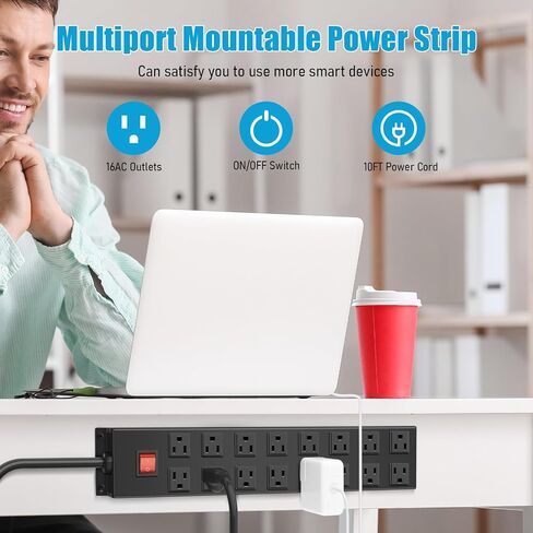 HHSOET Metal 16 Outlet Mountable Power Strip, Wall Mount Garage Workbench Socket, Gaming Table Surge Protector with 6 FT Power Cord.(Black) in Saudi Arabia