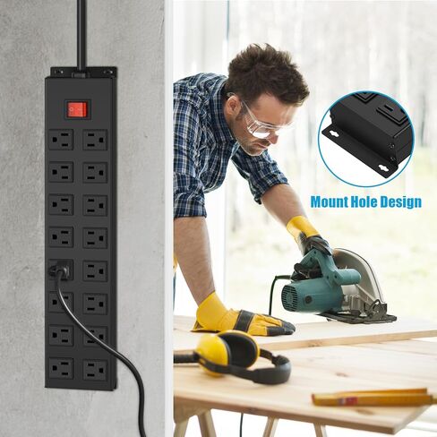 HHSOET Metal 16 Outlet Mountable Power Strip, Wall Mount Garage Workbench Socket, Gaming Table Surge Protector with 6 FT Power Cord.(Black) in Saudi Arabia