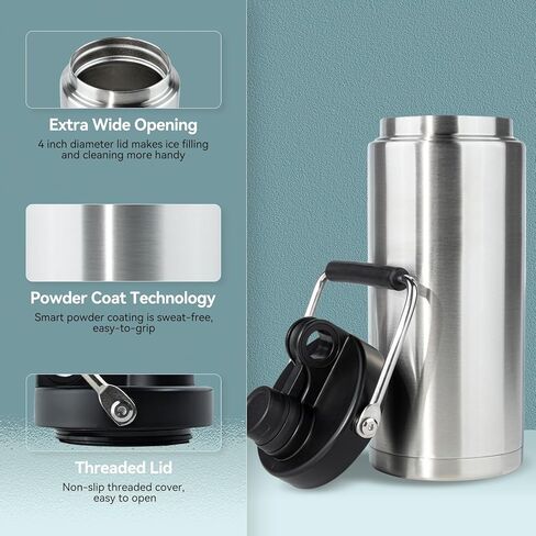 إبريق ماء معزول سعة 64 أونصة، زجاجة مياه مزدوجة الجدار من الفولاذ المقاوم للصدأ نصف جالون مع مقبض، خالية من مادة BPA تحافظ على البرودة 48 ساعة ساخنة 24 ساعة، فم واسع للرياضة والسفر والتخييم، أسود in Kuwait