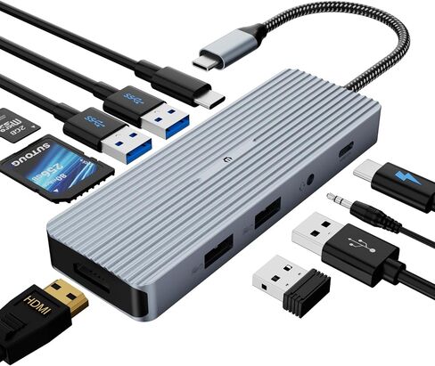 محطة إرساء 10 في 1 USB C Hub مع 4K HDMI، منفذ نقل بيانات USB-C، 2* USB3.0 Type-A، 2* USB 2.0 Type-A، قارئ بطاقة SD/TF، ​​مقبس استريو 3.5 ملم لنظام التشغيل Mac OS & شبابيك in Saudi Arabia
