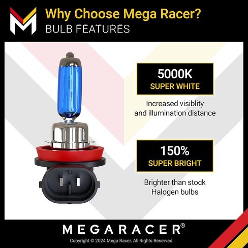 Mega Racer H11 Halogen Headlight Bulbs - 5000K Super White, 12V 100W, Xenon, PGJ19-2 Base, Automotive Bulb Replacement, IP68 Waterproof Rating, Pack of 2 in Saudi Arabia