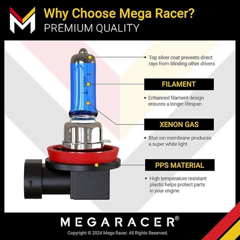 Mega Racer H11 Halogen Headlight Bulbs - 5000K Super White, 12V 100W, Xenon, PGJ19-2 Base, Automotive Bulb Replacement, IP68 Waterproof Rating, Pack of 2 in Saudi Arabia