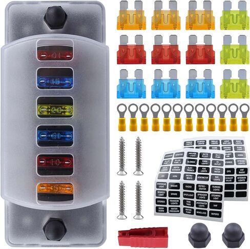 كتلة الصمامات المقاومة للماء 6 طرق 12 فولت مع صمامات سبائك الزنك للسيارات والقوارب والمركبات الترفيهية والشاحنات - تيار مستمر 12 فولت - 32 فولت 6 دوائر مستقلة حامل صندوق الصمامات البحرية السلبية الإيجابية in Kuwait