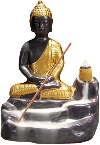 تمثال بوذا مبخرة بخور خلفي من السيراميك المنزلي حامل بخور مخروطي مع 20 قطعة مخاريط لعطر المنزل (ذهبي) in Kuwait