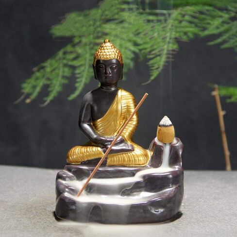 تمثال بوذا مبخرة بخور خلفي من السيراميك المنزلي حامل بخور مخروطي مع 20 قطعة مخاريط لعطر المنزل (ذهبي) in Kuwait