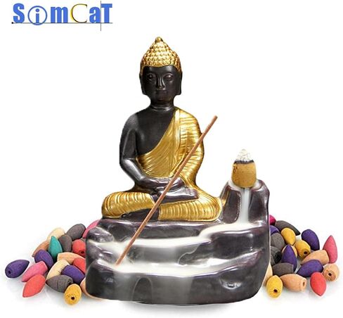 تمثال بوذا مبخرة بخور خلفي من السيراميك المنزلي حامل بخور مخروطي مع 20 قطعة مخاريط لعطر المنزل (ذهبي) in Kuwait