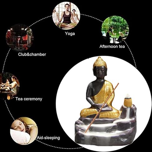 تمثال بوذا مبخرة بخور خلفي من السيراميك المنزلي حامل بخور مخروطي مع 20 قطعة مخاريط لعطر المنزل (ذهبي) in Kuwait