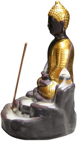 تمثال بوذا مبخرة بخور خلفي من السيراميك المنزلي حامل بخور مخروطي مع 20 قطعة مخاريط لعطر المنزل (ذهبي) in Kuwait
