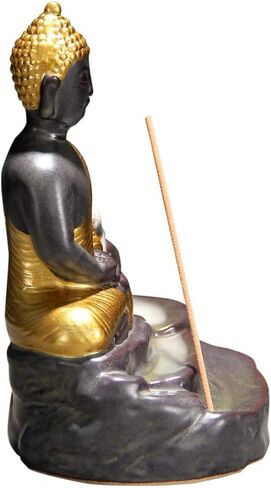 تمثال بوذا مبخرة بخور خلفي من السيراميك المنزلي حامل بخور مخروطي مع 20 قطعة مخاريط لعطر المنزل (ذهبي) in Kuwait