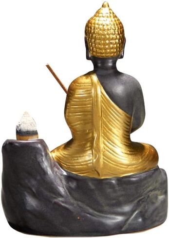 تمثال بوذا مبخرة بخور خلفي من السيراميك المنزلي حامل بخور مخروطي مع 20 قطعة مخاريط لعطر المنزل (ذهبي) in Kuwait