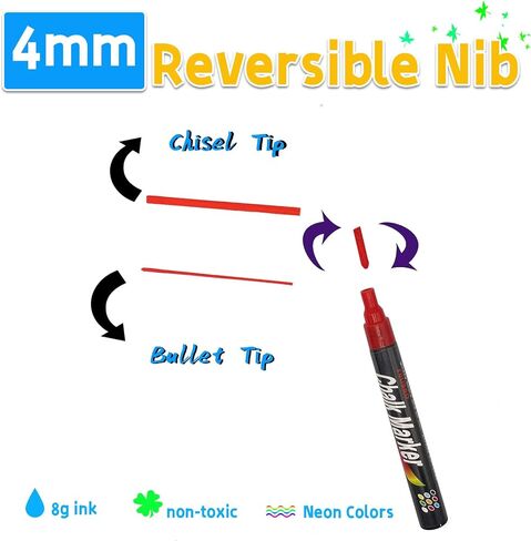 Bold Liquid Chalk Markers Erasable, Chisel Tip, 8 Colors Chalkboard Paint Chalk Pens for Chalkboard Signs, Windows, Blackboard, Glass, Mirrors - Chalk Markers with Reversible Tip (8 Pack) - (4mm)… in Saudi Arabia