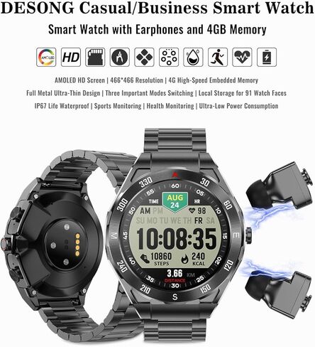 ساعة ذكية مع سماعات أذن لأجهزة Android وiPhone، شاشة AMOLED HD مقاس 1.43 بوصة، موسيقى محلية سعة 4 جيجابايت، الرد على المكالمات وإجراء المكالمات، متتبع اللياقة البدنية، تصميم رفيع للغاية، ساعة الكل في واحد مع سماعات أذن للرجال والنساء in Kuwait