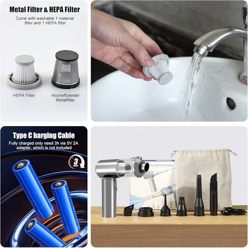 Mini Car Vacuum Cleaner, 16000PA 4 in 1 Rechargeable Brushless Motor Handheld Vacuum Cleaner with LED, Portable Wireless Vacuum Cleaner for Car, Office and Home Cleaning (Silver Grey) in Saudi Arabia