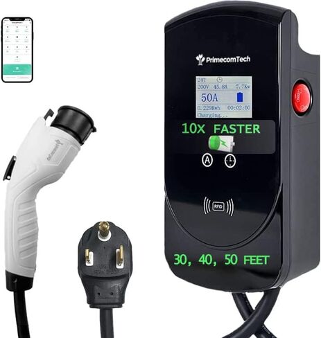 50 Amp - PRIMECOM.TECH Level-2 Smart Electric Vehicle Home Charging Station 220 Volt for Tesla and All EV Brands 30' Feet Length (30 Feet, NEMA 14-50p) in Saudi Arabia