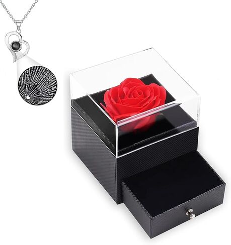 قلادة أنا أحبك بـ 100 لغة إلى الأبد، وردة أبدية محفوظة، وردة حقيقية مع قلادة تقول أنا أحبك بـ 100 لغة، قلادة على شكل وردة للنساء هدايا عيد الأم in Kuwait