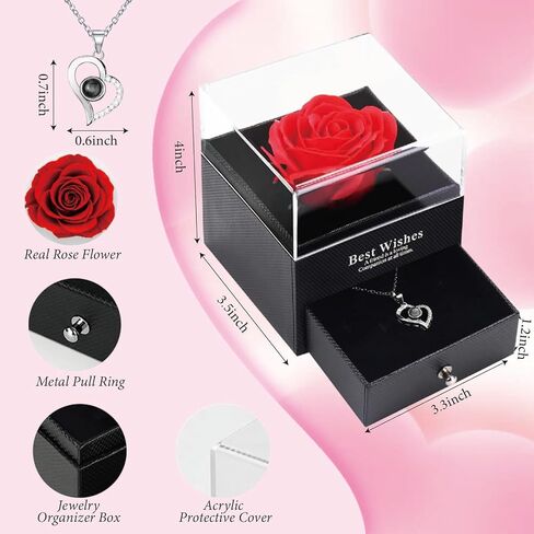 قلادة أنا أحبك بـ 100 لغة إلى الأبد، وردة أبدية محفوظة، وردة حقيقية مع قلادة تقول أنا أحبك بـ 100 لغة، قلادة على شكل وردة للنساء هدايا عيد الأم in Kuwait