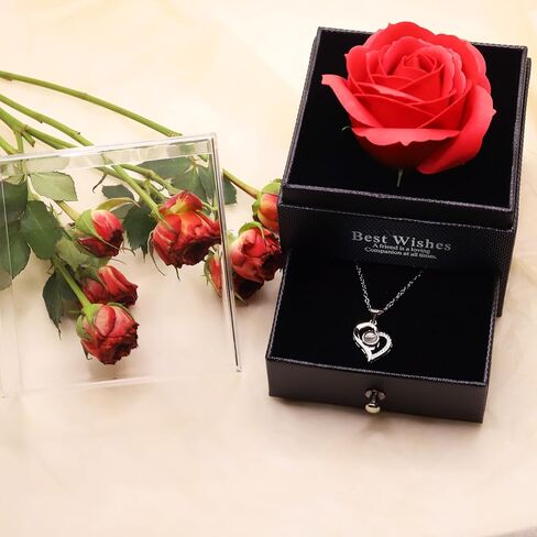 قلادة أنا أحبك بـ 100 لغة إلى الأبد، وردة أبدية محفوظة، وردة حقيقية مع قلادة تقول أنا أحبك بـ 100 لغة، قلادة على شكل وردة للنساء هدايا عيد الأم in Kuwait