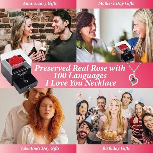 قلادة أنا أحبك بـ 100 لغة إلى الأبد، وردة أبدية محفوظة، وردة حقيقية مع قلادة تقول أنا أحبك بـ 100 لغة، قلادة على شكل وردة للنساء هدايا عيد الأم in Kuwait