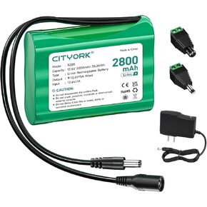12V Rechargeable 2800mAh Lithium Battery Pack with Charger Compatible with 12V Devices, DIY Project, Bike Light, RC Car, Electric Pianos, CCTV Camera, Robot Toys, LED Light Strip etc