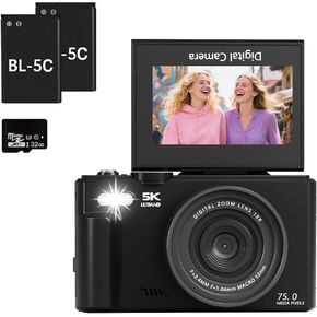 5K 4K Digital Camera for Photography, 75MP Photography Camera with Flip Screen 18X Zoom Autofocus 2 Batteries 32GB Card, Compact Travel Point and Shoot Digital Cameras for Beginners Teens