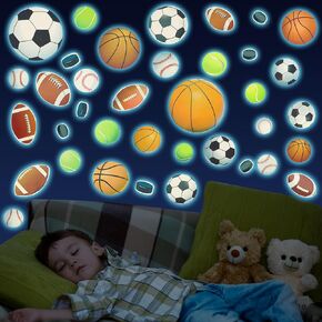 3pcs Glow in The Dark Sports Stickers, Luminous Sports Ball Wall Decals Basketball Baseball Football Rugby Glowing Wall Decor for Boys Rooms Gymnasium Party