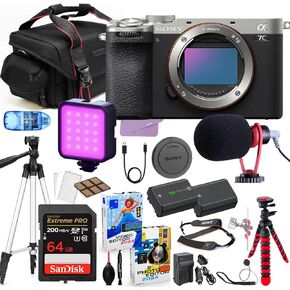 Sony a7C II Mirrorless Camera Body Only (Silver) Bundle + Premium Accessory Package Including 64GB Extreme Memory, Case, Microphone, LED Light, Photo-Video Software & More (23 Pieces)