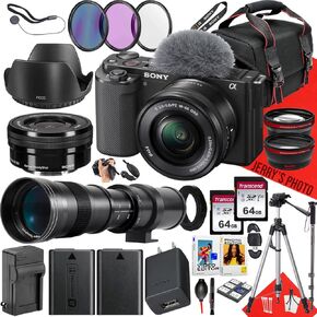 Sony ZV-E10 Mirrorless Camera with Sony E PZ 16-50mm F/3.5-5.6 OSS Lens and 420-800mm f/8.3 HD Telephoto Zoom Lens + 2PC 64 GB Memory + Case + Monopod + Extra Battery + More (34pc Bundle)