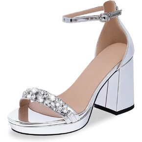Women's Chunky Platform Heel Rhinestone Sandals Open Toe High Heel Buckle Strap Dressy Summer Shoes for Weddings, Parties & Daily Wear