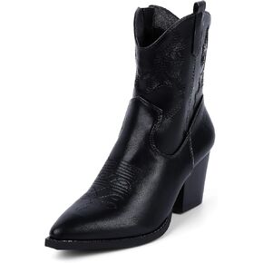 Women Ankle Cowboy Boots Western Cowgirl Boots Pointed Toe Booties Chunky Heel Embroidered Upper Zipper Pull on Ladies Short Boot