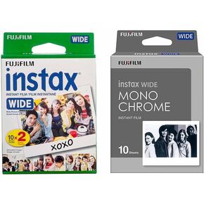 مجموعة حزمة Fujifilm الفورية 2 حزمة ، أحادية اللون واسعة (10 تعرضات) ، أبيض واسع (20) لفوجي Instax Wide 300 Camera-Import (A-Set)