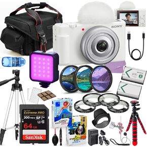 Sony ZV-1F Vlogging Camera (White) Bundle + Premium Accessory Package Including 64GB Extreme Memory, Case. Filters, Macros, LED Light, Photo-Video Software & More (32 Pieces) (Renewed)