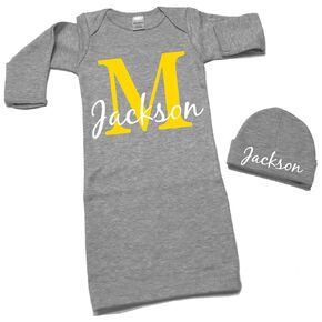 Monogram Gray Layette & Hat, Custom Newborn Going Home Gown & Hat Set, Size 0-3 Months (Royal Blue Letter)