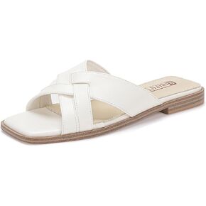 Women's Flat Sandals Strappy Slip On Open Square Toe Cross Strap Comfortable Summer Dressy Cute Ladies Casual Trendy Fancy Beach Shoes Dress Slide Sandals