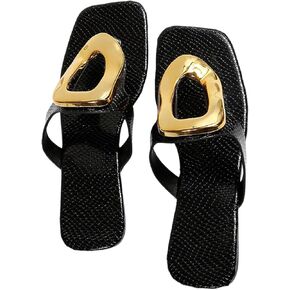 Verdusa Women's Hollow Out Metal Ring Flat Leather Sandals Square Toe Slip on Flip Flops