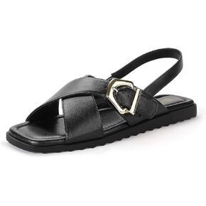 IDIFU Buckle Strappy Flat Sandals for Women Open Square Toe Cross Strap Ankle Strap Slingback Dress Women Ladies Comfortable Dressy Cute Trendy Casual Summer Walking Shoes Sandals