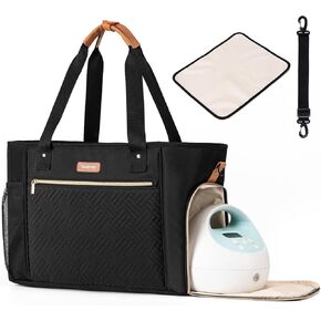 Breast Pump Bag Compatible with Spectra S1 and S2, Diaper Tote Bag for working Moms, Large Capacity Baby Travel Bag with with shoulder strap & Waterproof mat, Black