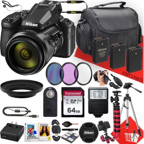 Nikon Coolpix P950 Digital Camera مع Nikkor 24-2000mm عدسة + 64 جيجابايت الذاكرة + 2PC بطارية إضافية + التحكم عن بُعد + مرشحات + عبيد فلاش + ترايبود + المزيد (حزمة 29PC) (متجددة)