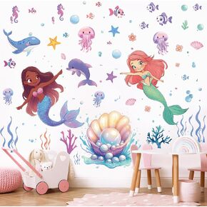 Removable Under The Sea Mermaid Wall Sticker Peel and Stick, Ocean Fish Wall Decal, Wall Decor Art for Girls Bedroom Baby Nursery Bathroom