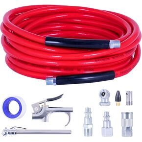 Air Compressor Accessories 10PCS, 1-1/4 Inch × 25FT Red PVC Hose, Includes Blow Gun, Fittings, Chuck, Tire Gauge
