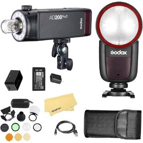 فلاش كاميرا Godox V1 V1-CU V1CU مع Godox AD200 Procy Flash+AK-R1 Accessories Kit لكاميرات Canon ، 76WS 2.4G TTL 1/8000 HSS ، 480 طلقات الطاقة الكاملة ، 1.5S وقت إعادة التدوير ، 2980mAh LI-ION BUTTICTION