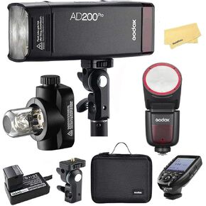 Godox AD200 Pro AD200Pro Flash with Godox V1-N U TTL Camera Flash+XPro-N Flash Trigge for Nikon Camera,2900mAh Battery,500 Full Power Flashes,0.01-1.8s Recycling,Bare Bulb/Speedlite Fresnel Flash Head