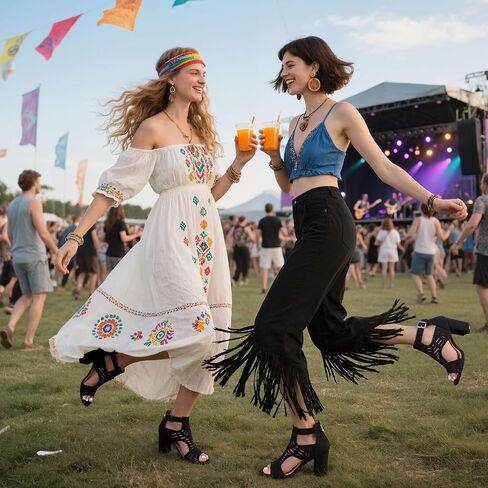 LinnOaks Heeled Sandals For Women 2025 Chunky Open Toe Bohemian Cutout Block Heel Summer Dressy Sandals in Saudi Arabia