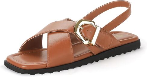 IDIFU Buckle Strappy Flat Sandals for Women Open Square Toe Cross Strap Ankle Strap Slingback Dress Women Ladies Comfortable Dressy Cute Trendy Casual Summer Walking Shoes Sandals in Kuwait