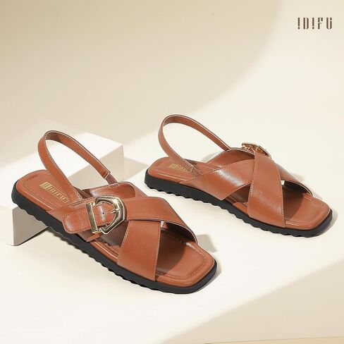 IDIFU Buckle Strappy Flat Sandals for Women Open Square Toe Cross Strap Ankle Strap Slingback Dress Women Ladies Comfortable Dressy Cute Trendy Casual Summer Walking Shoes Sandals in Kuwait