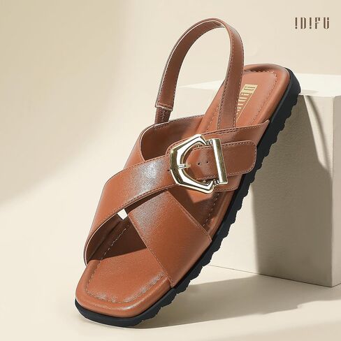 IDIFU Buckle Strappy Flat Sandals for Women Open Square Toe Cross Strap Ankle Strap Slingback Dress Women Ladies Comfortable Dressy Cute Trendy Casual Summer Walking Shoes Sandals in Kuwait