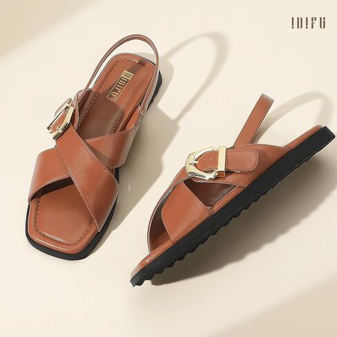 IDIFU Buckle Strappy Flat Sandals for Women Open Square Toe Cross Strap Ankle Strap Slingback Dress Women Ladies Comfortable Dressy Cute Trendy Casual Summer Walking Shoes Sandals in Kuwait