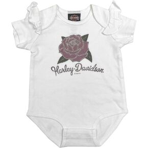Harley-Davidson Baby Girls' Glitter Rose Ruffle Sleeve Infant Creeper – White