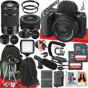 Sony ZV-E10 II Mirrorless Camera with PZ 16-50mm and E 55-210mm f/4.5-6.3 OSS Lens + 2pc 64 GB Memory + Video LED Light + Mic + More (33pc Bundle)