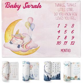 Personalized Baby Milestone Blanket - Baby Monthly Milestone Blanket w/Name 40" x 60" Custom Newborn Prop Flannel Blanket for Baby Boy, Girl, Nursery Decor
